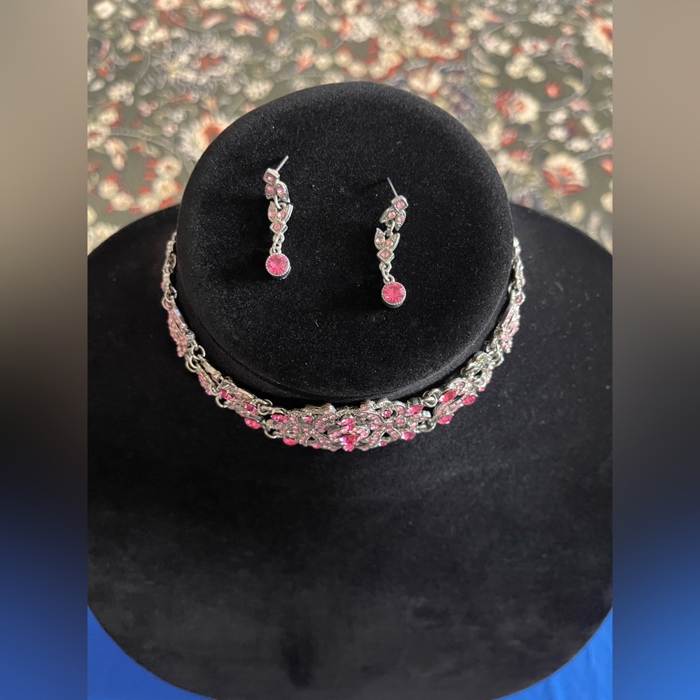 Pink and silver choker necklace set - Picture 3 of 5
